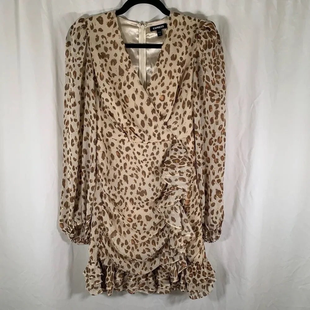 Express Mini Dress Women's XS Tan Cheetah Print Balloon Sleeve Ruffle Trim